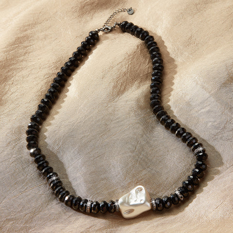 "Black Tie Optional" Agate Beaded Necklace With Centered Simulated Pearl